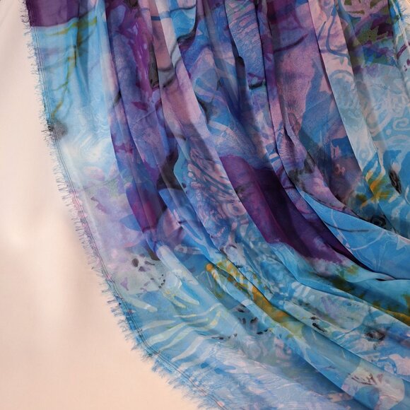 6 Yd Fabric - Vintage Chiffon Voile Tulle Lavenders Aqua Abstract Print 6ydx59in - Picture 7 of 13